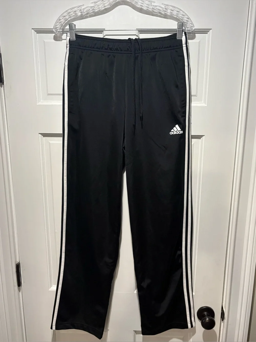 Adidas Men’s Medium Black Track Pants with White Side Stripes